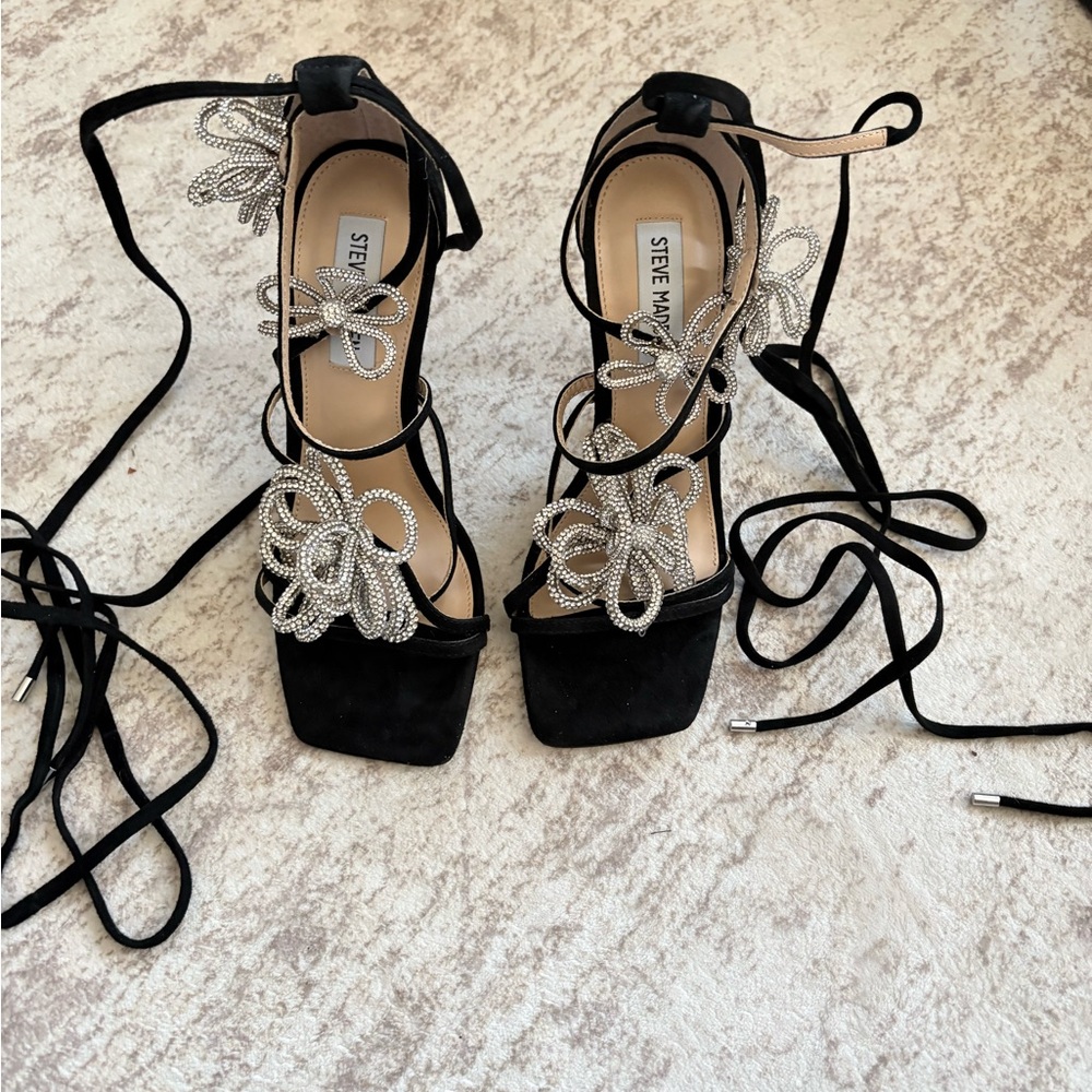 Steve Madden Black Suede Lace-Up Heels with Crystal Flower Accents